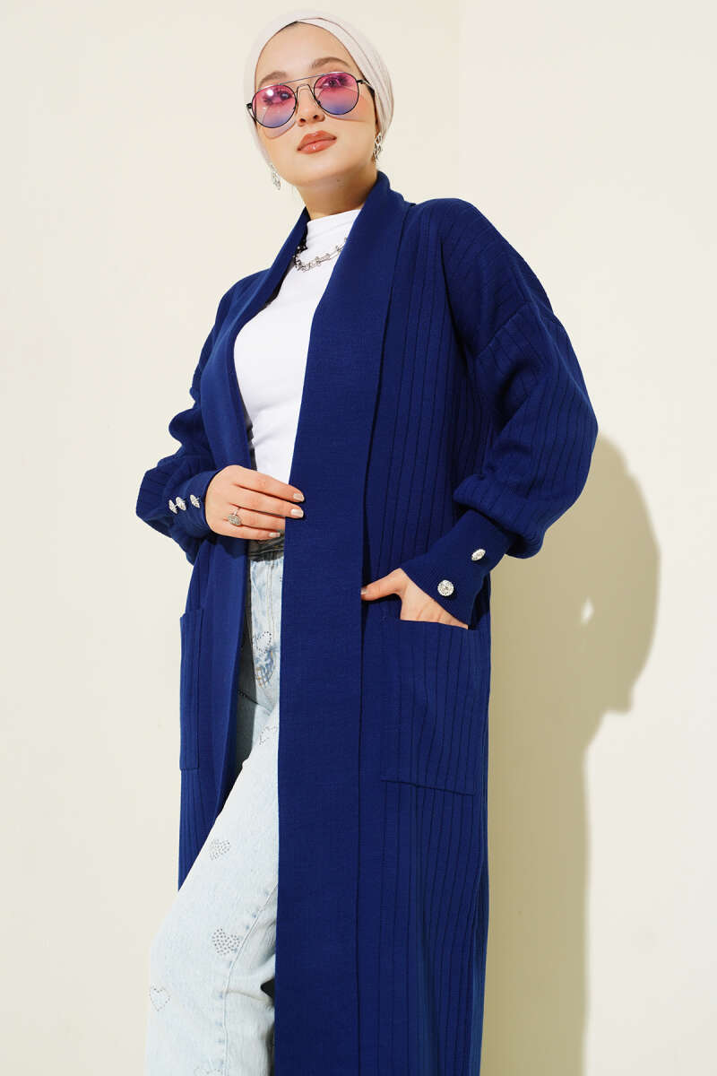 Shawl-Collar Knit Cardigan with Button Cuffs - Navy