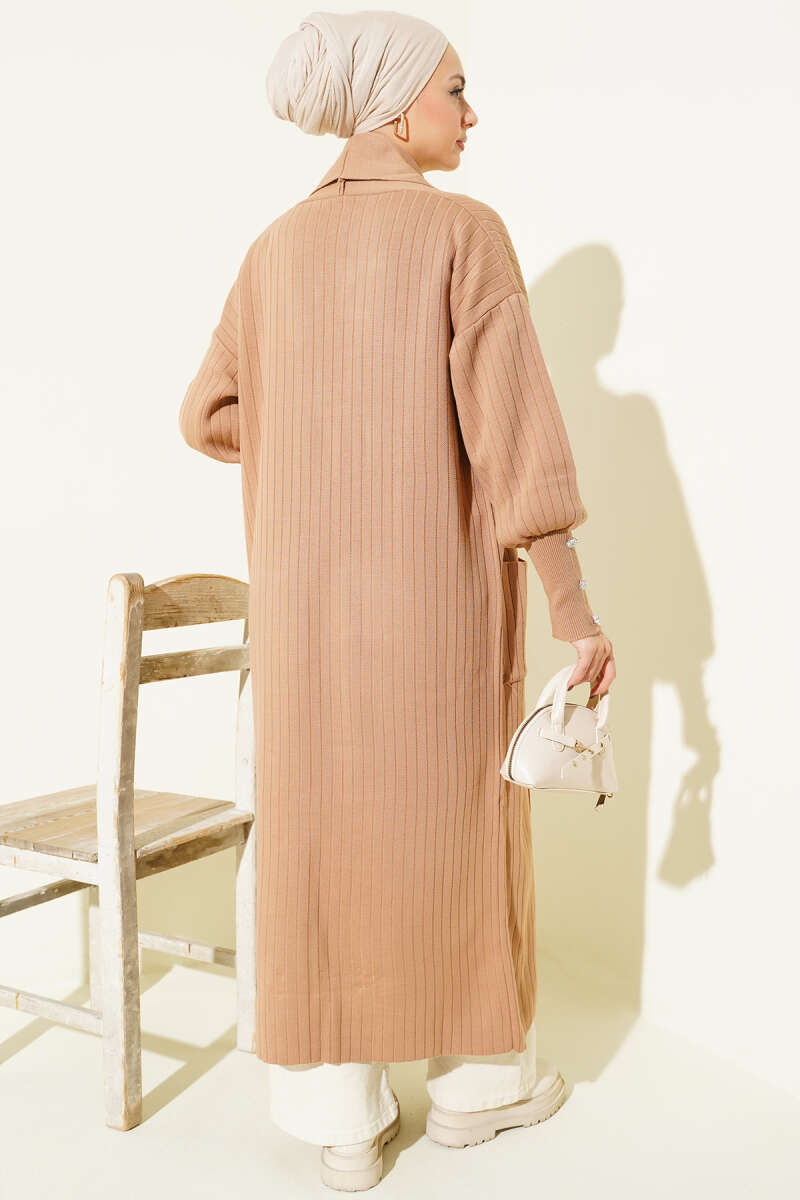 Shawl-Collar Knit Cardigan with Button Cuffs - Latte