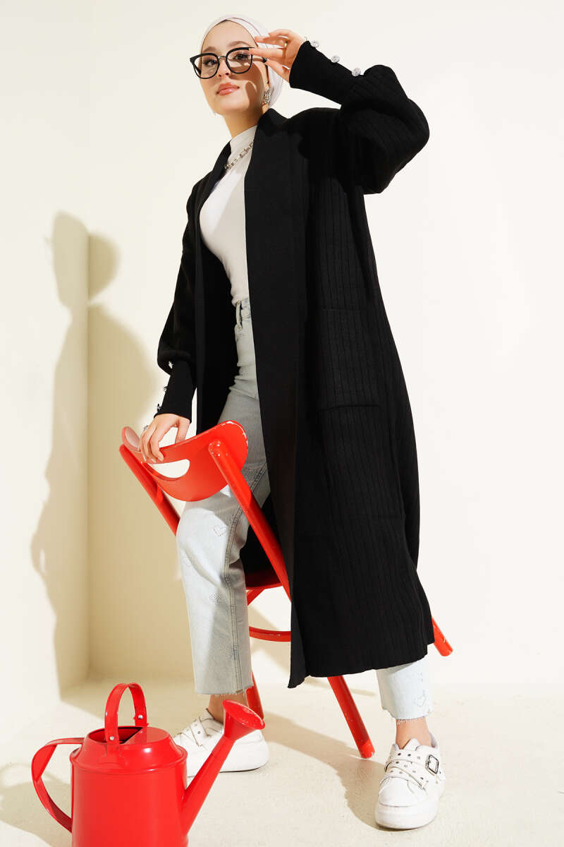 Shawl-Collar Knit Cardigan with Button Cuffs - Black