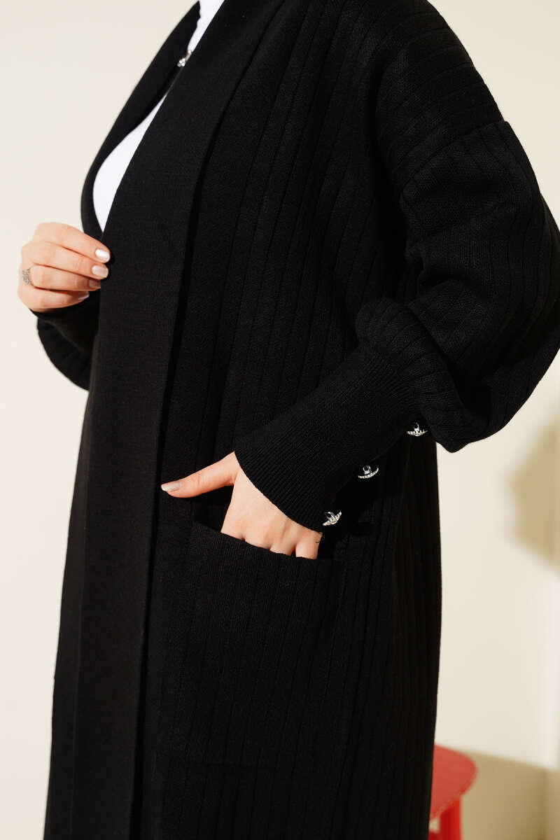 Shawl-Collar Knit Cardigan with Button Cuffs - Black