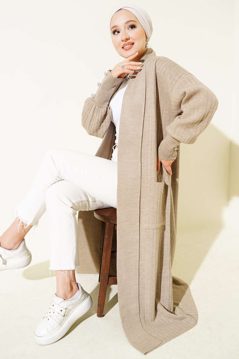 Shawl-Collar Knit Cardigan with Button Cuffs - Mink