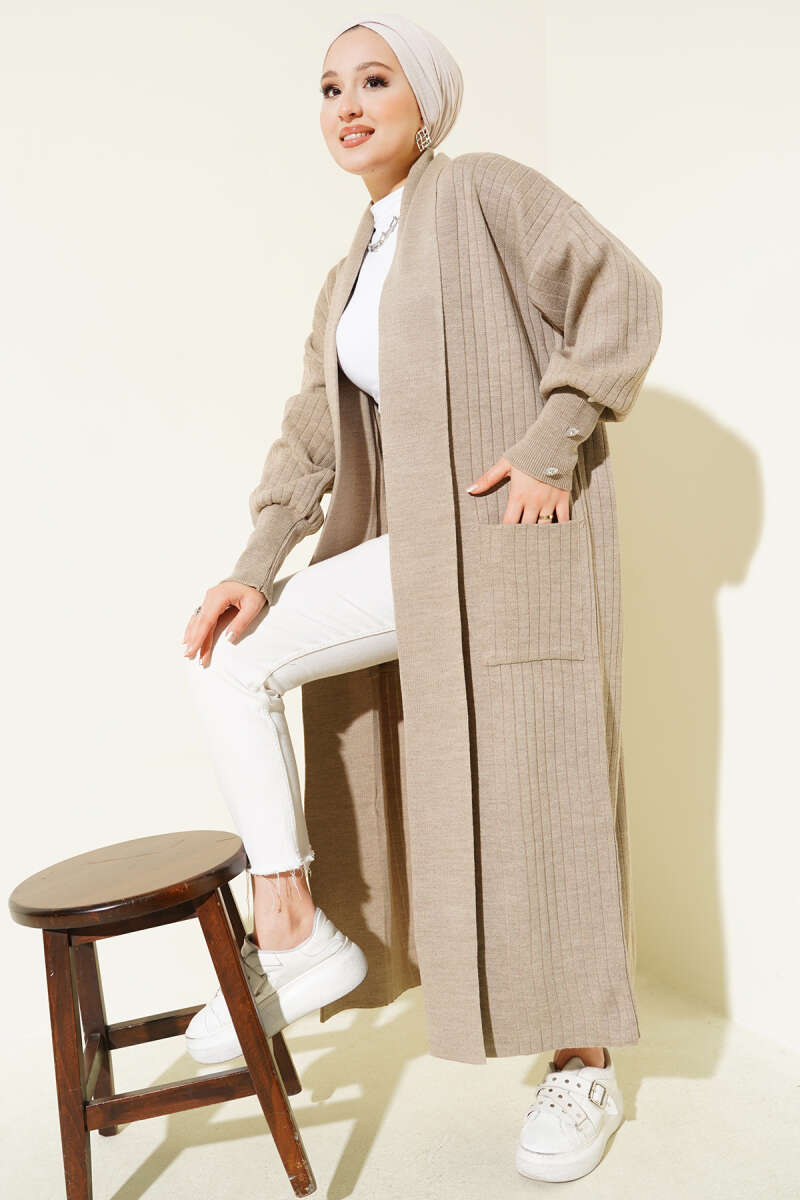 Shawl-Collar Knit Cardigan with Button Cuffs - Mink