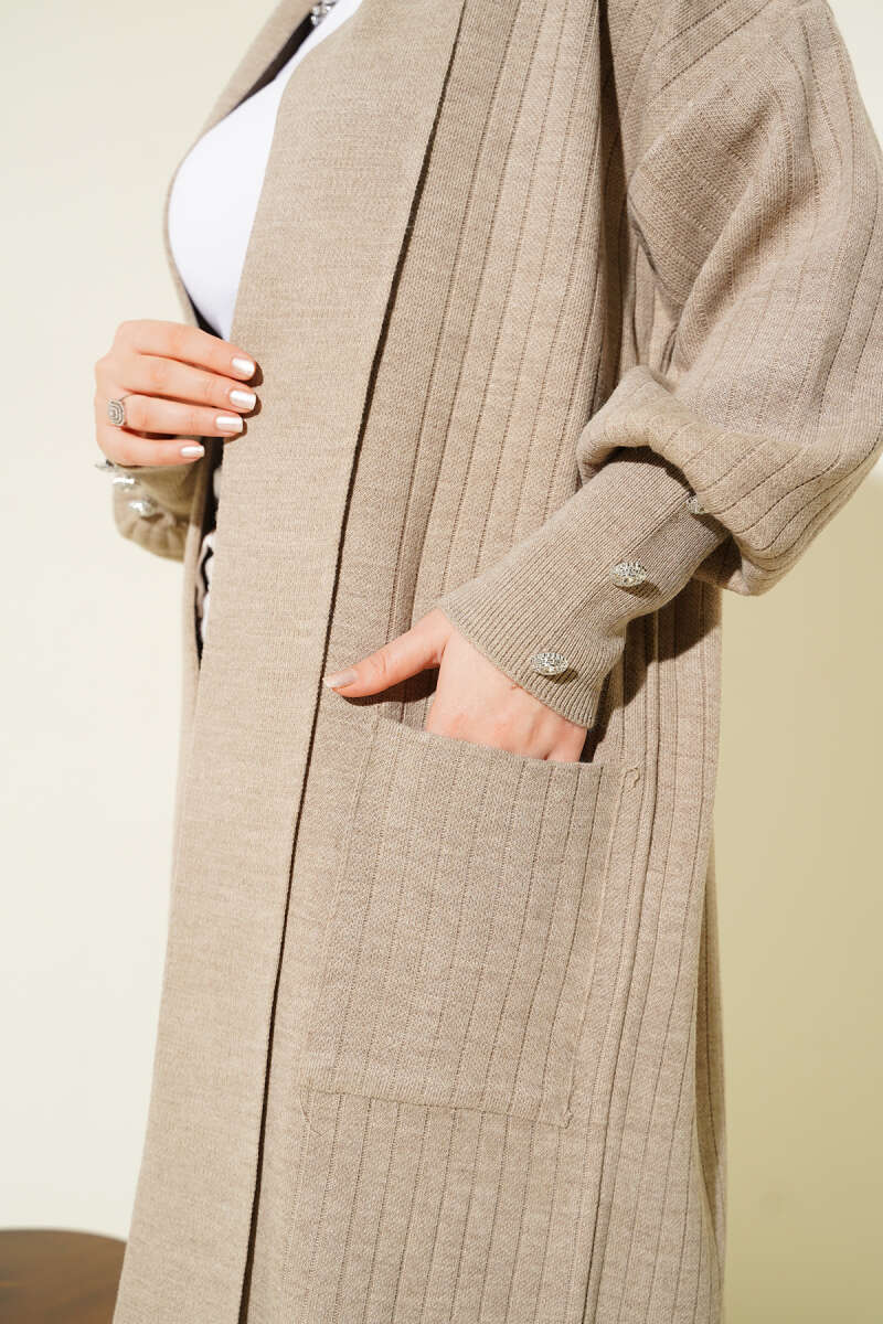 Shawl-Collar Knit Cardigan with Button Cuffs - Mink