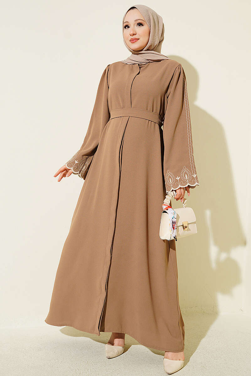 Belted Abaya with Embroidered Cuffs - Latte