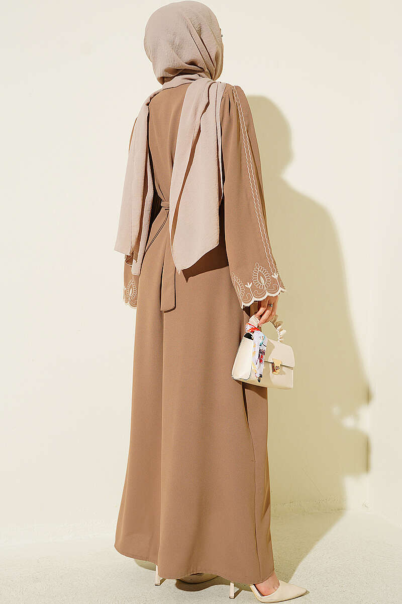 Belted Abaya with Embroidered Cuffs - Latte