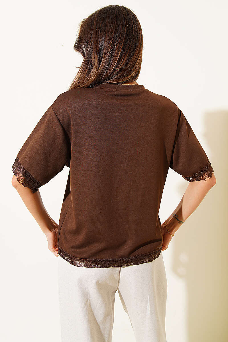 T-Shirt with Lace Sleeves and Hem Trim - Brown