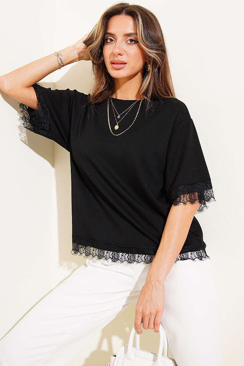 T-Shirt with Lace Sleeves and Hem Trim - Black