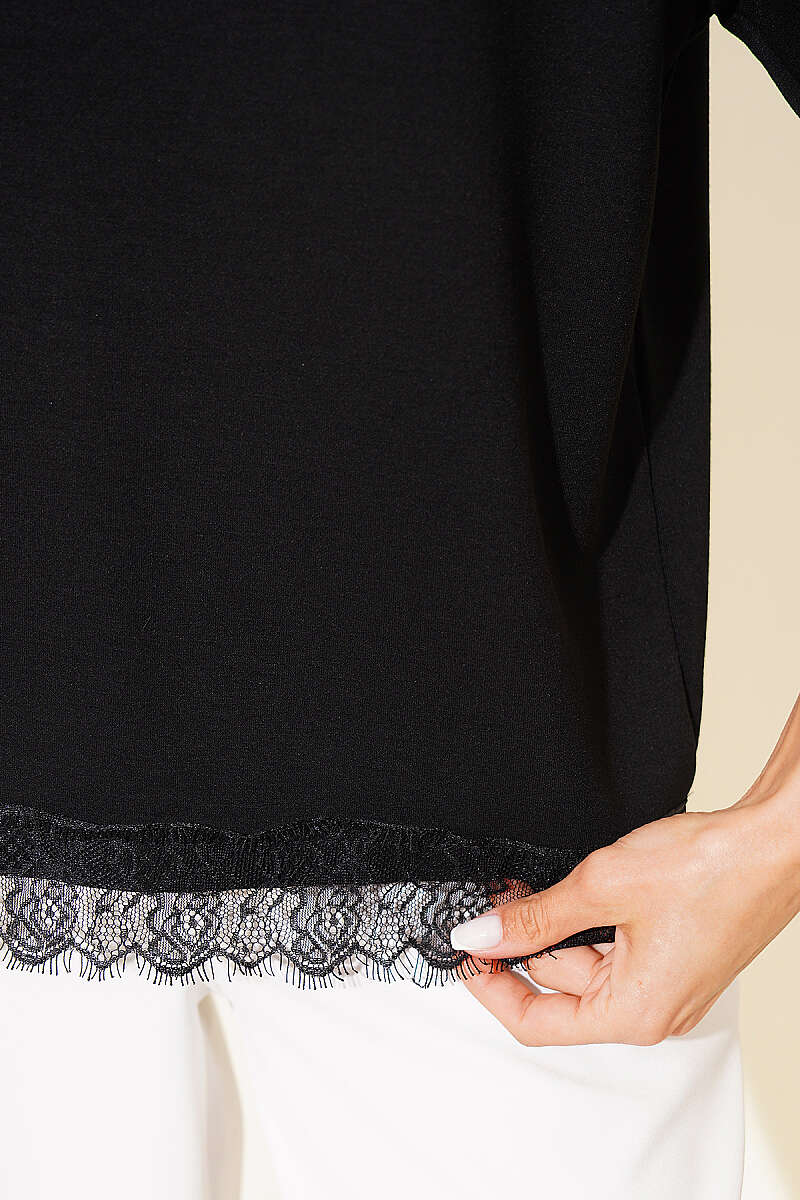 T-Shirt with Lace Sleeves and Hem Trim - Black