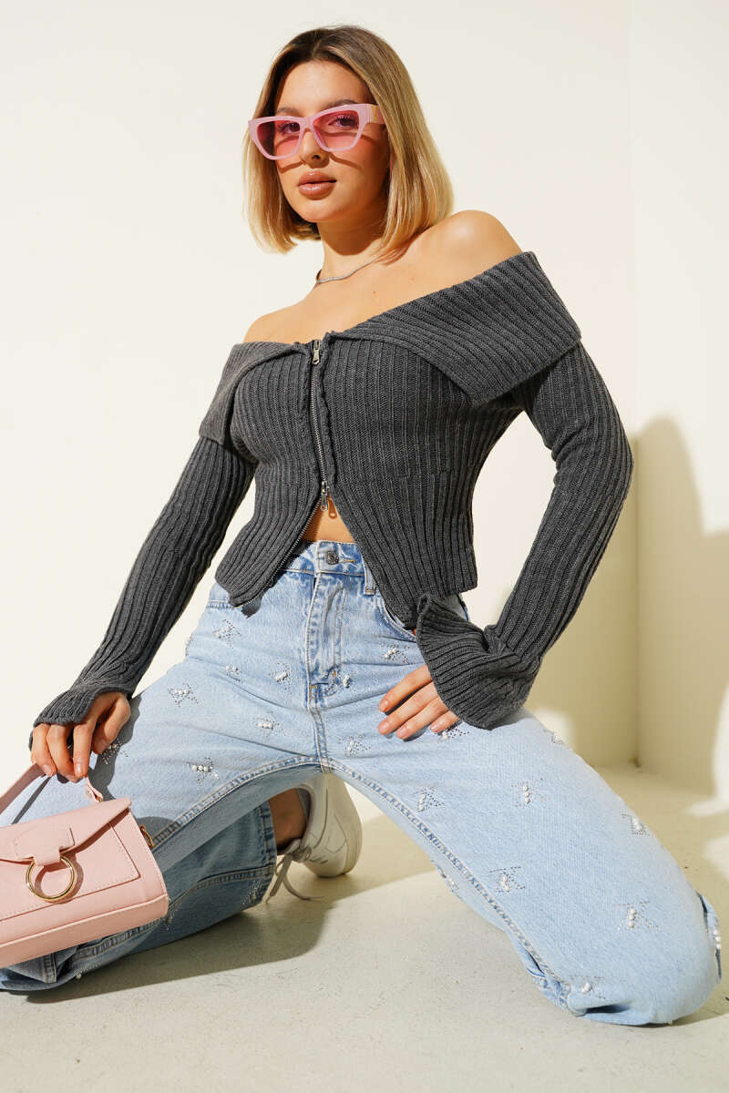 Knit Cardigan with Sleeve Slits - Smoke Grey