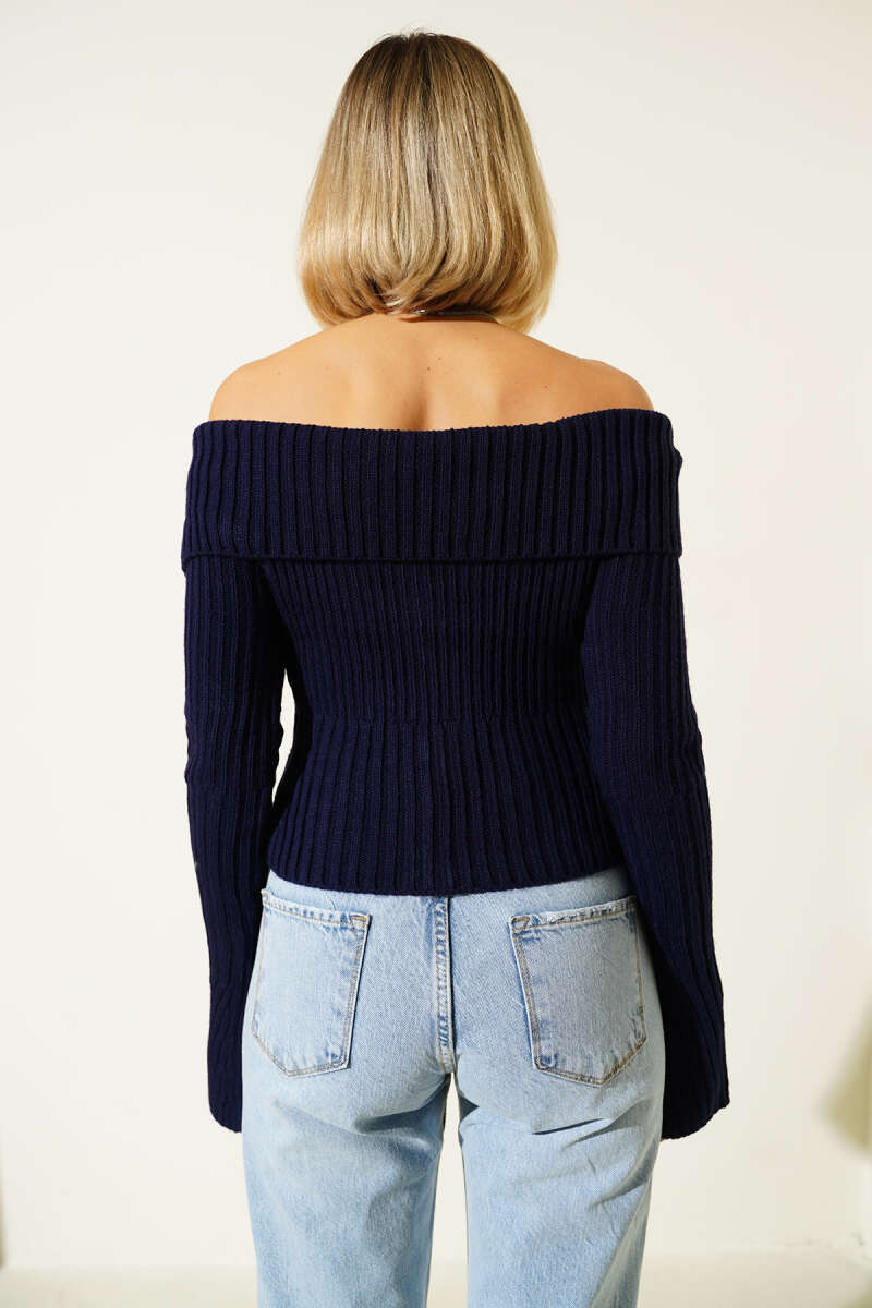 Knit Cardigan with Sleeve Slits - Navy