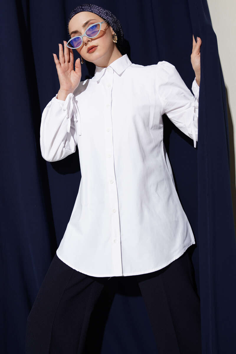 Shirt with Lace-Up Sleeves - White
