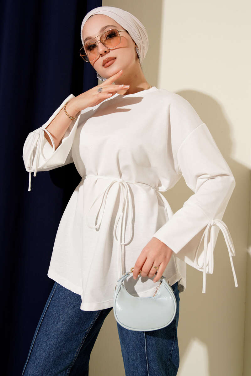 Two-Thread Tunic with Lace-Up Sleeves - White
