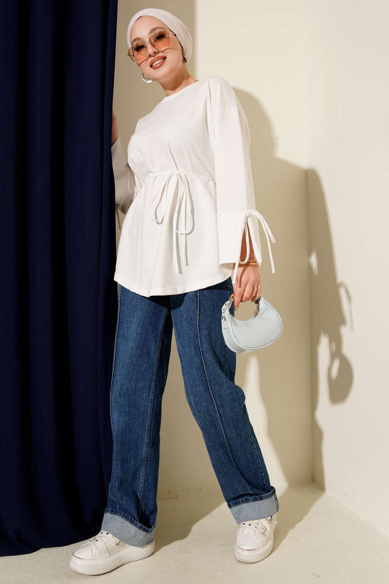 Two-Thread Tunic with Lace-Up Sleeves - White