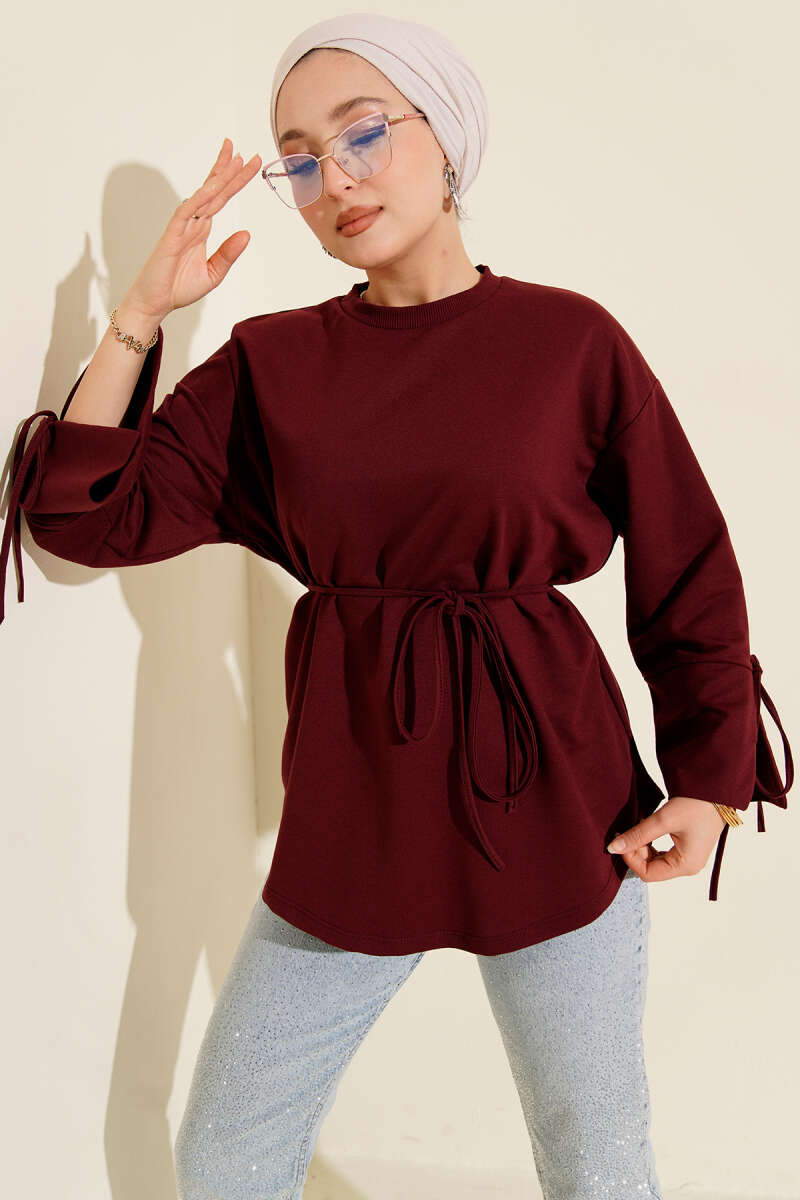 Two-Thread Tunic with Lace-Up Sleeves - Burgundy
