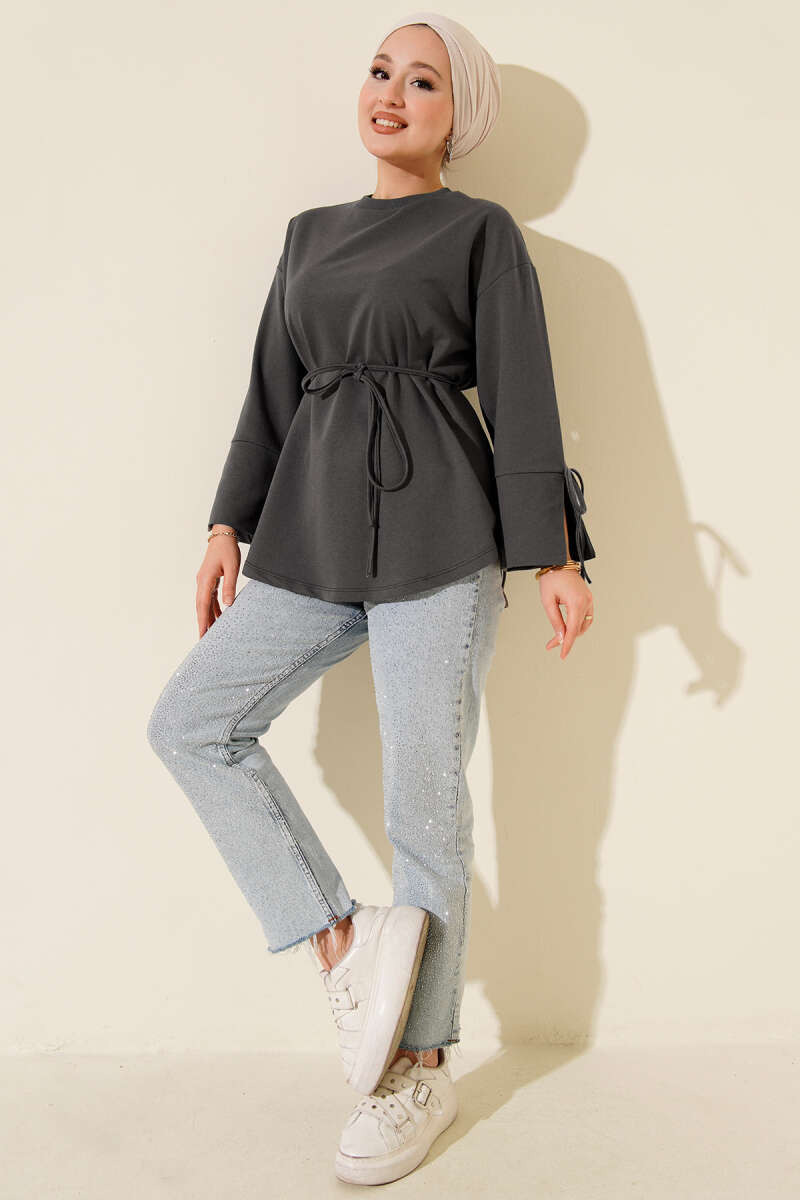 Two-Thread Tunic with Lace-Up Sleeves - Smoke Grey