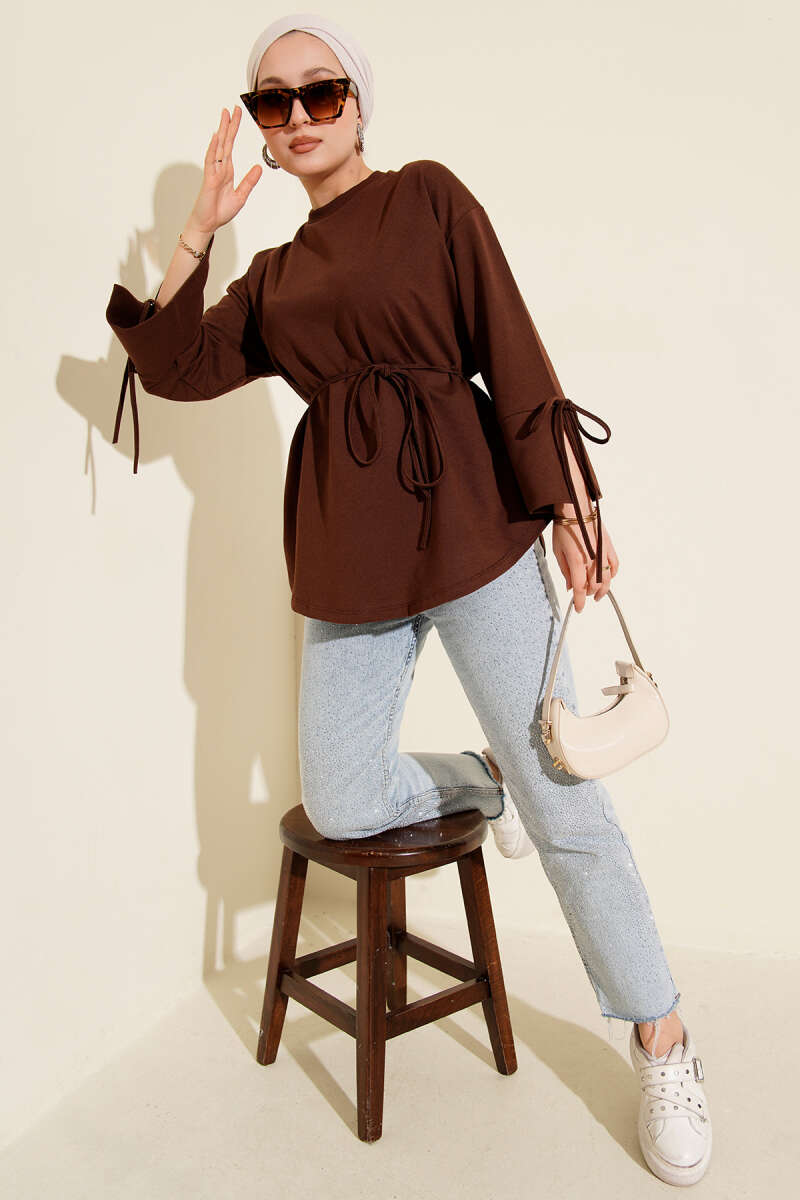 Two-Thread Tunic with Lace-Up Sleeves - Brown