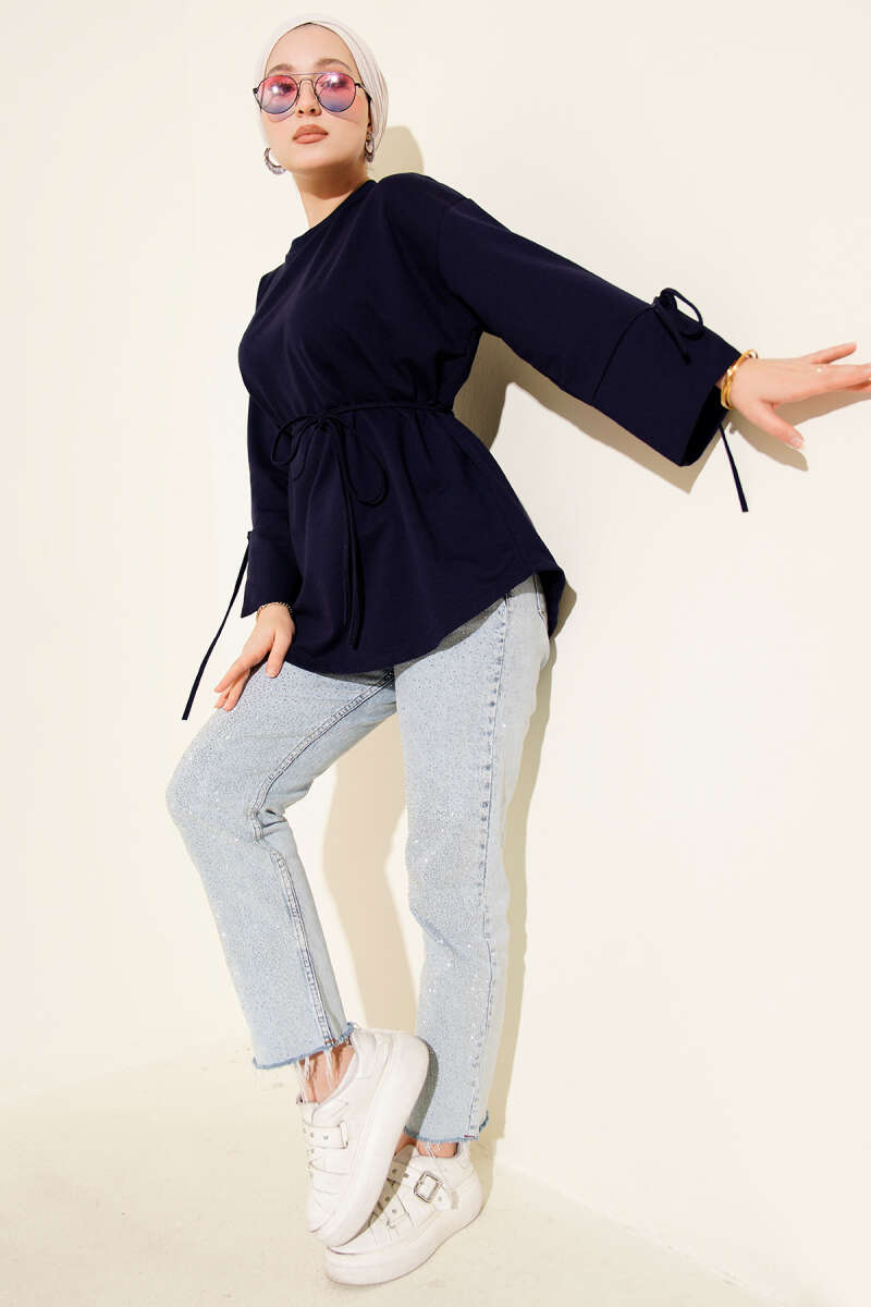 Two-Thread Tunic with Lace-Up Sleeves - Navy