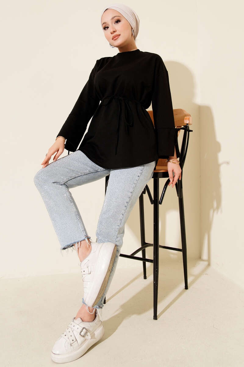 Two-Thread Tunic with Lace-Up Sleeves - Black