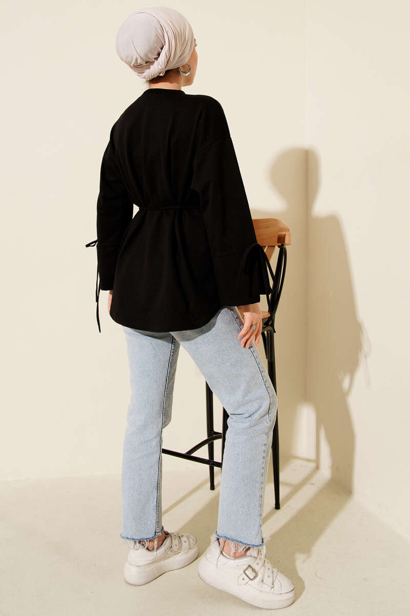 Two-Thread Tunic with Lace-Up Sleeves - Black