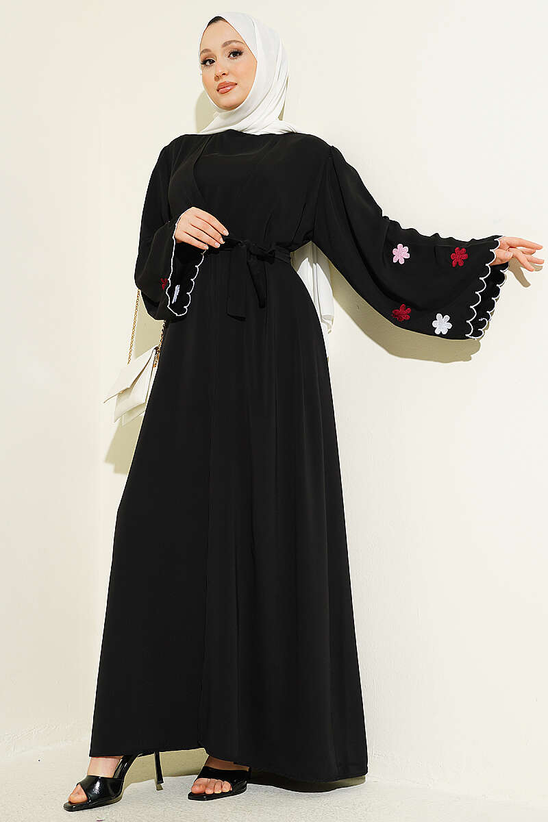 Abaya with Floral Embroidered Sleeves - Black