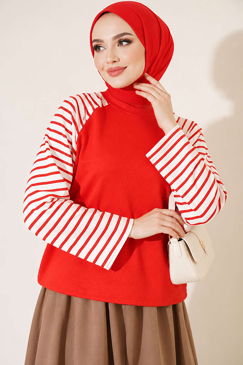 Basic Sweatshirt with Striped Sleeves - Red