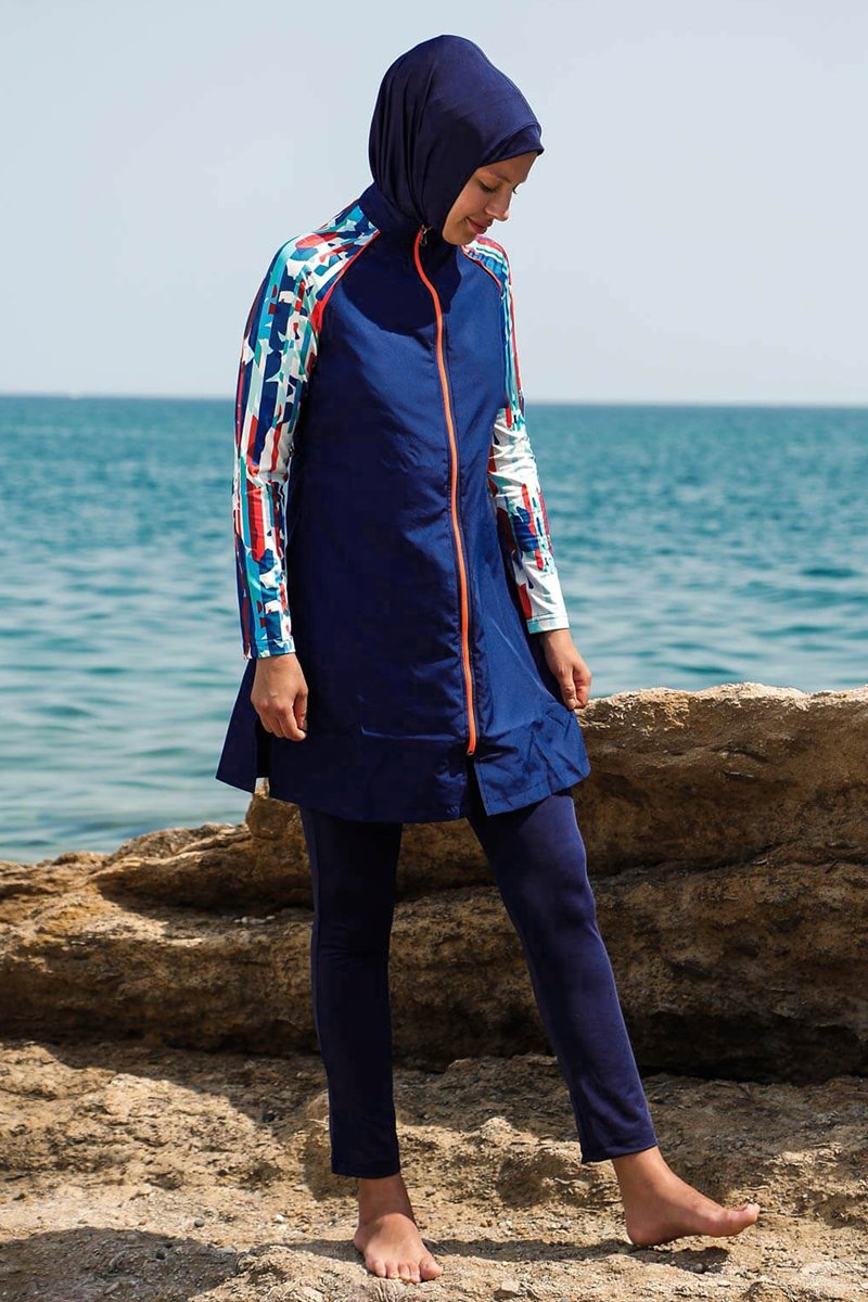 Full-Coverage Swimsuit with Printed Sleeves - Navy
