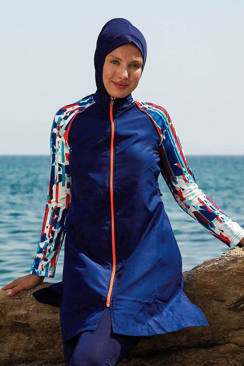Full-Coverage Swimsuit with Printed Sleeves - Navy