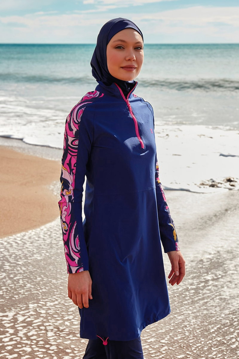 Full-Coverage Swimsuit with Patterned Sleeves - Navy