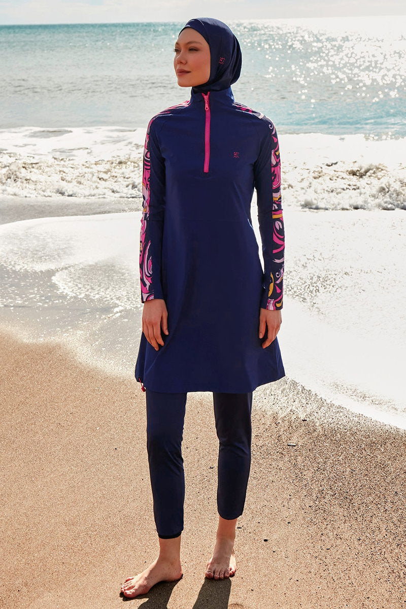 Full-Coverage Swimsuit with Patterned Sleeves - Navy
