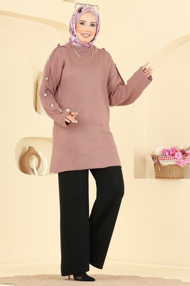 Knit Two-Piece Set with Buttoned Sleeves - Dusty Rose-Black