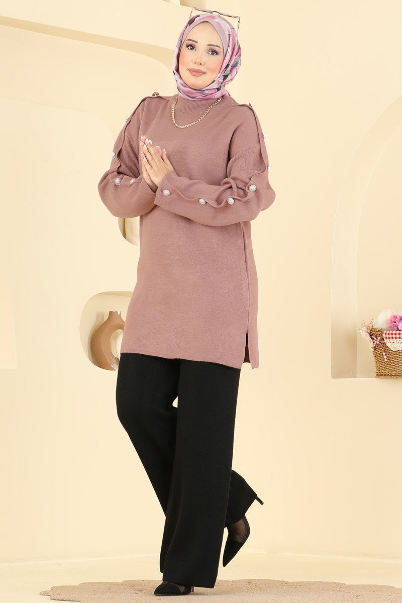 Knit Two-Piece Set with Buttoned Sleeves - Dusty Rose-Black