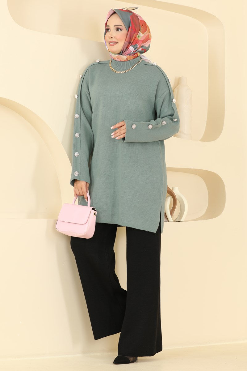 Knit Two-Piece Set with Buttoned Sleeves - Mint-Black