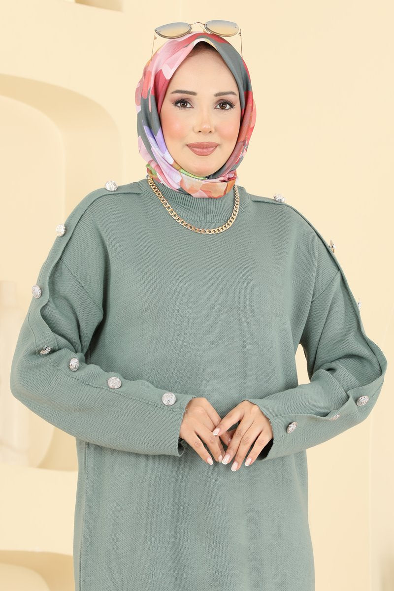 Knit Two-Piece Set with Buttoned Sleeves - Mint-Black
