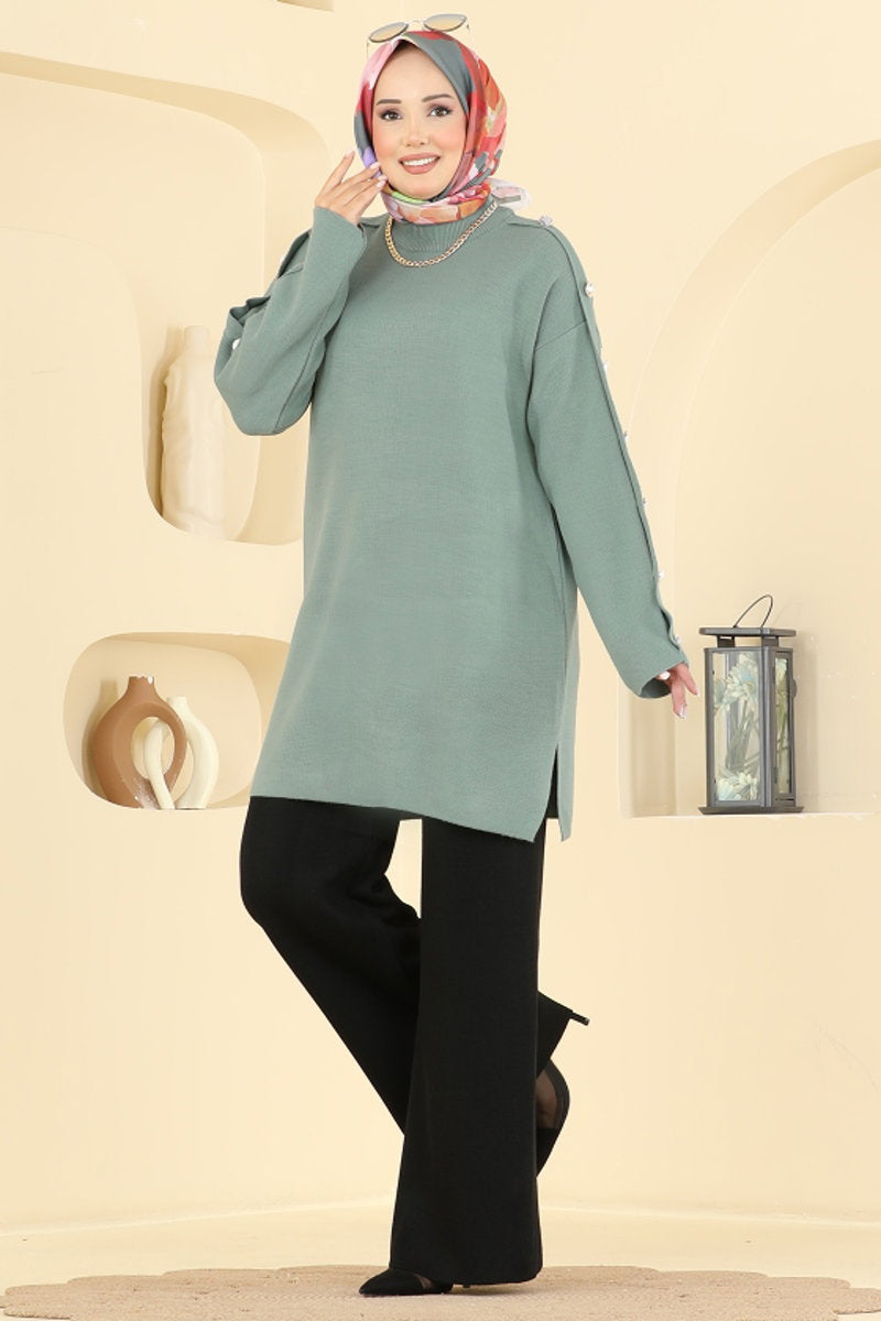Knit Two-Piece Set with Buttoned Sleeves - Mint-Black