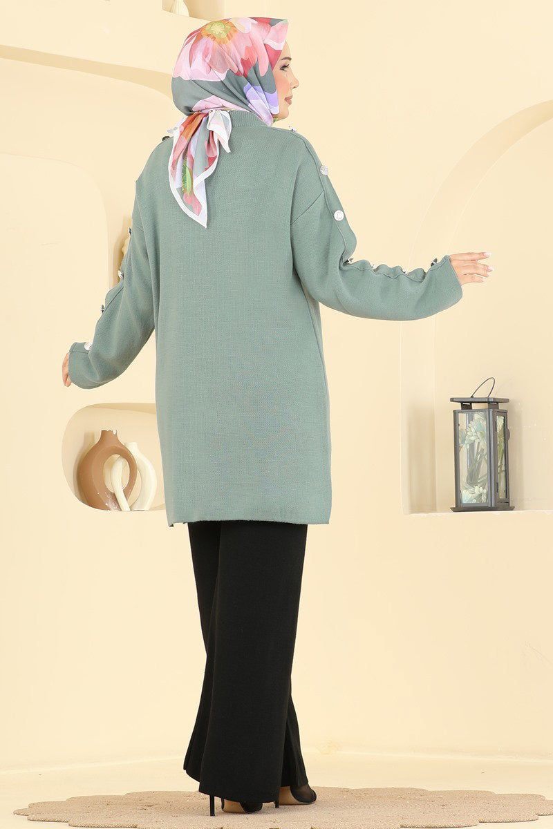 Knit Two-Piece Set with Buttoned Sleeves - Mint-Black