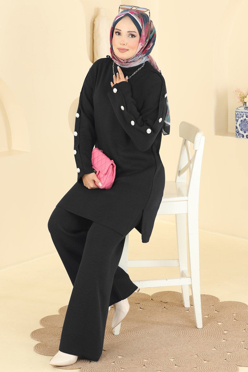 Knit Two-Piece Set with Buttoned Sleeves - Black