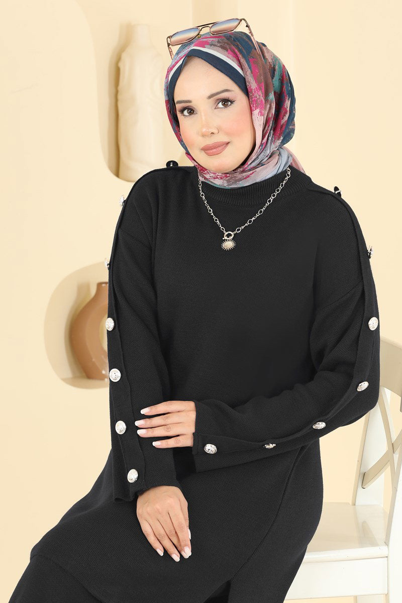 Knit Two-Piece Set with Buttoned Sleeves - Black