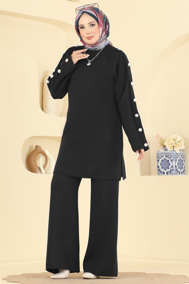 Knit Two-Piece Set with Buttoned Sleeves - Black