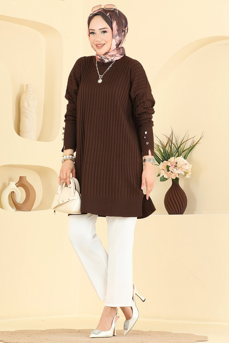 Mercerised Tunic with Buttoned Sleeves - Dark Brown