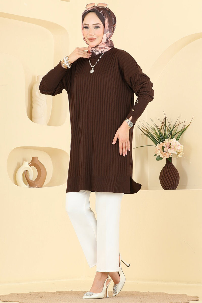 Mercerised Tunic with Buttoned Sleeves - Dark Brown
