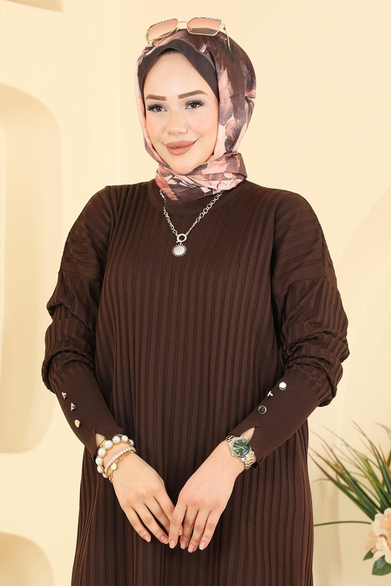 Mercerised Tunic with Buttoned Sleeves - Dark Brown
