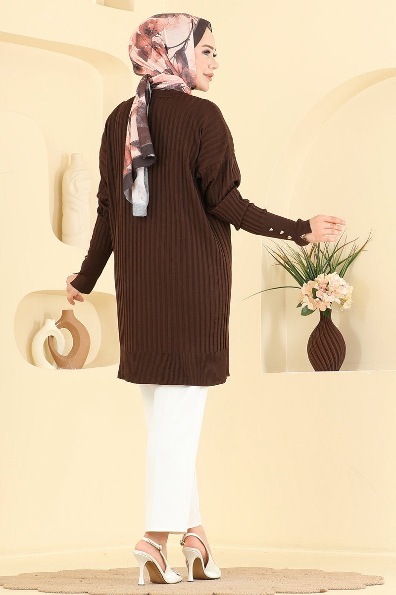 Mercerised Tunic with Buttoned Sleeves - Dark Brown