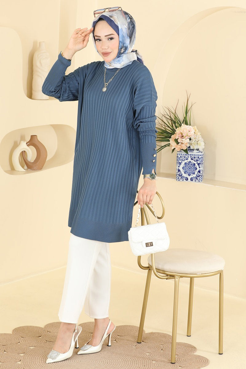 Mercerised Tunic with Buttoned Sleeves - Indigo
