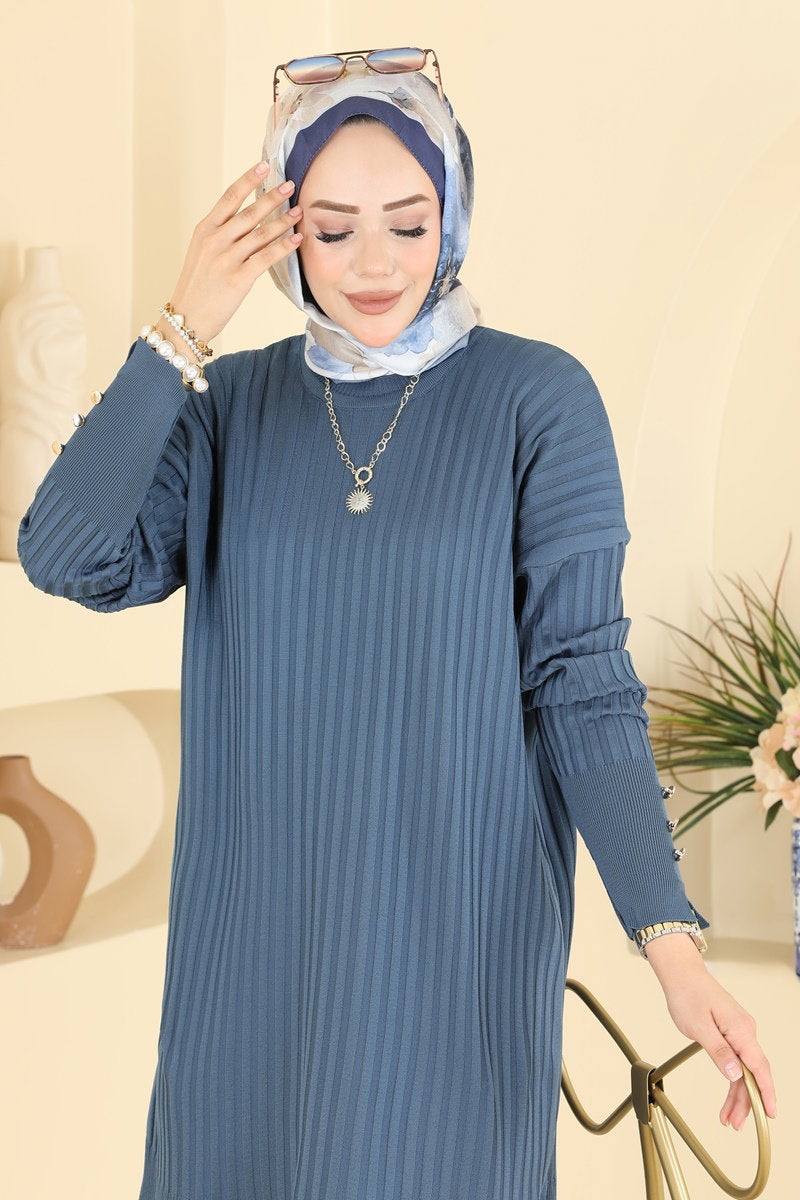 Mercerised Tunic with Buttoned Sleeves - Indigo