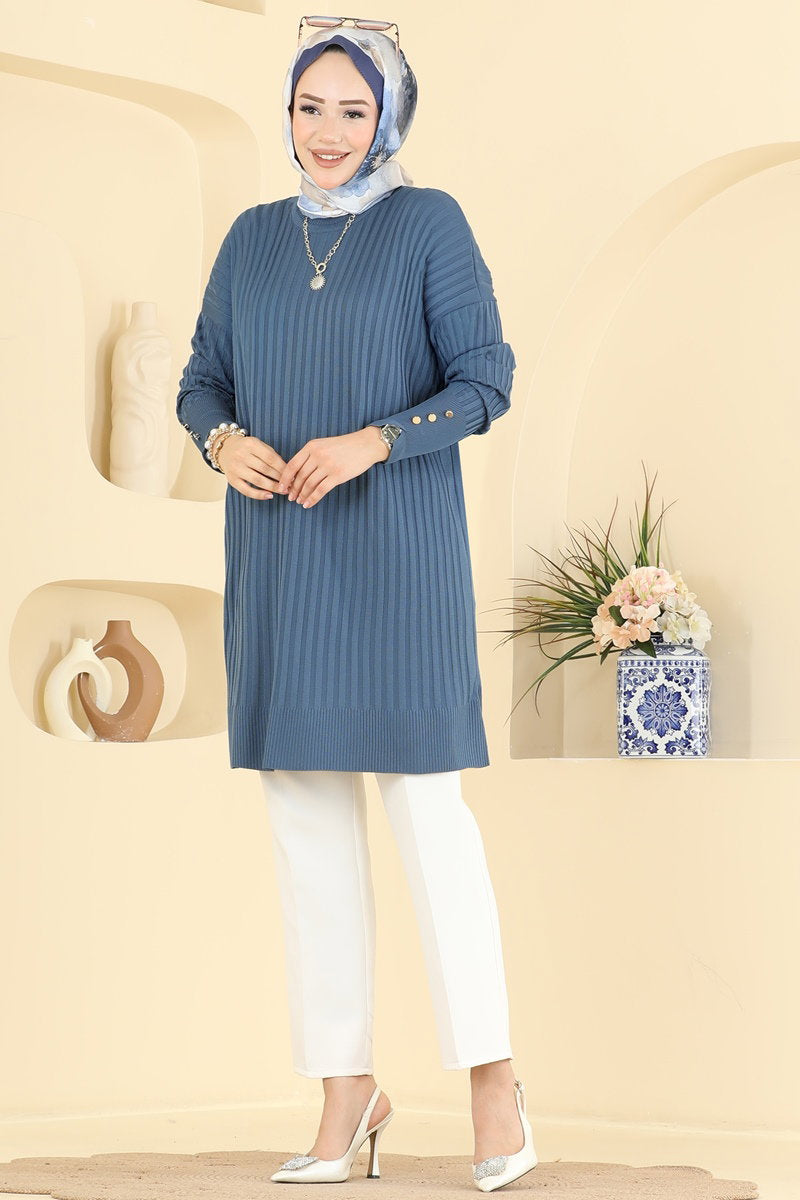 Mercerised Tunic with Buttoned Sleeves - Indigo