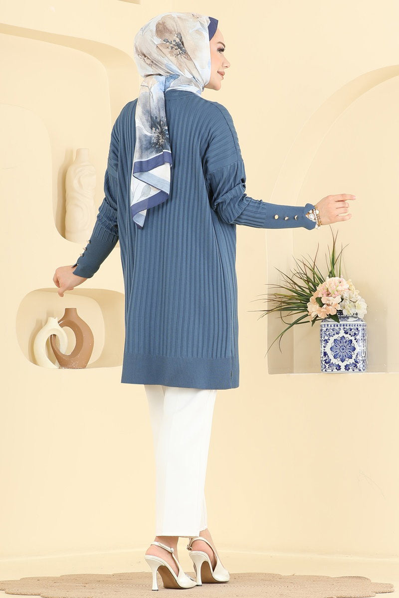 Mercerised Tunic with Buttoned Sleeves - Indigo