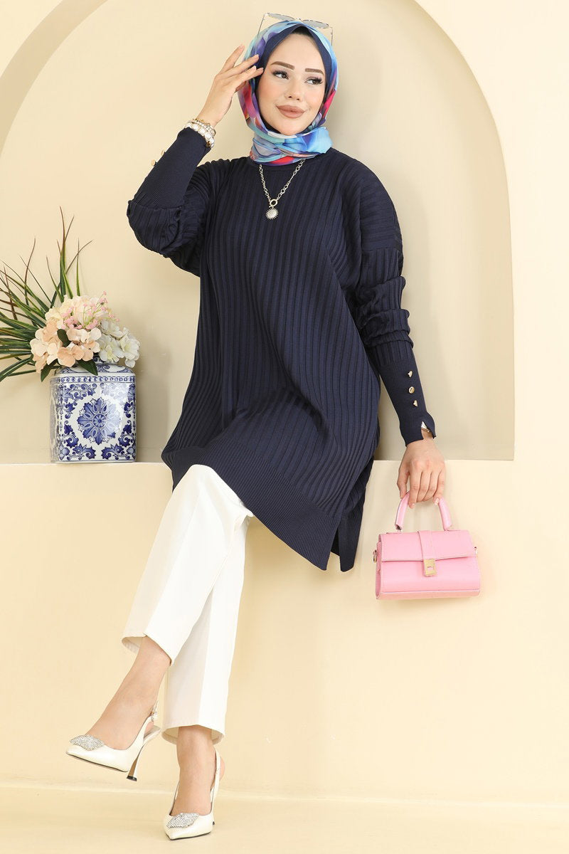 Mercerised Tunic with Buttoned Sleeves - Navy