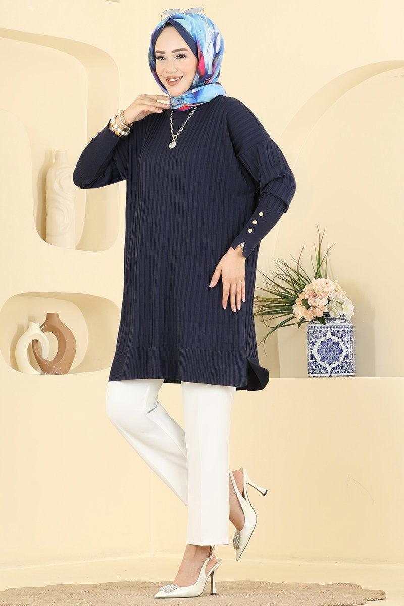 Mercerised Tunic with Buttoned Sleeves - Navy
