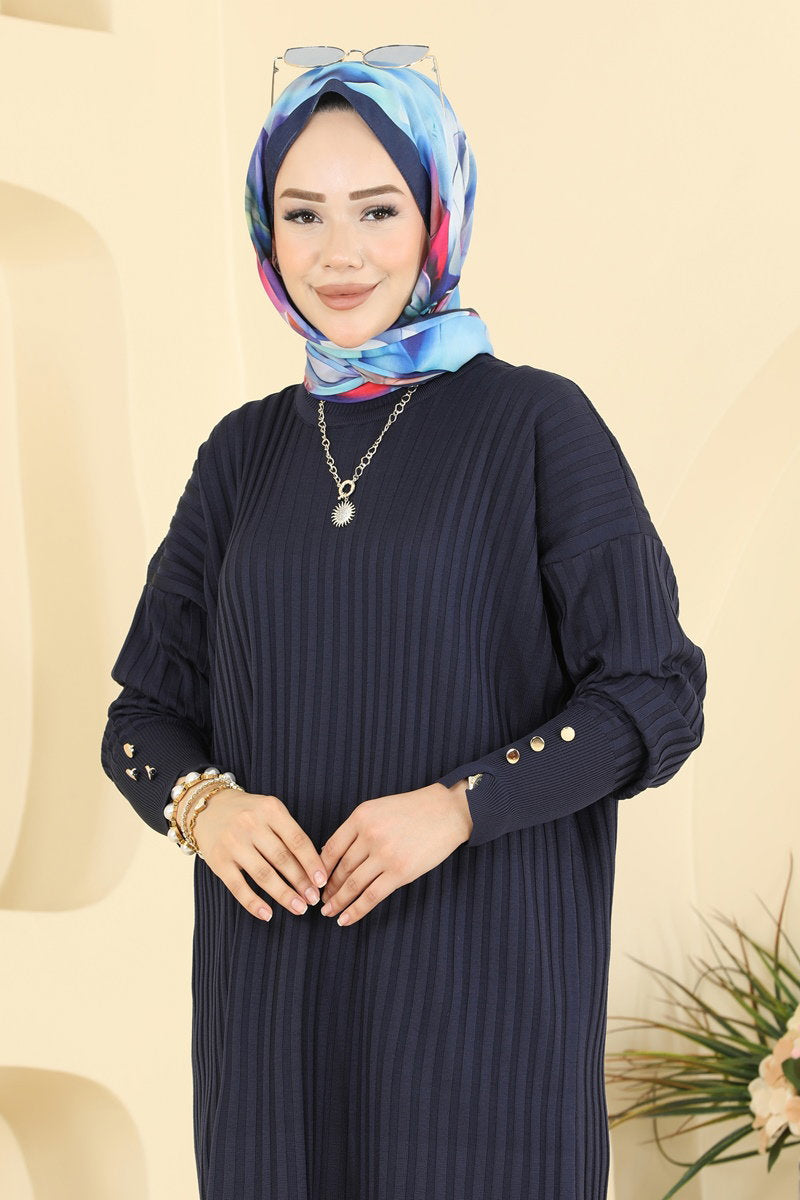 Mercerised Tunic with Buttoned Sleeves - Navy