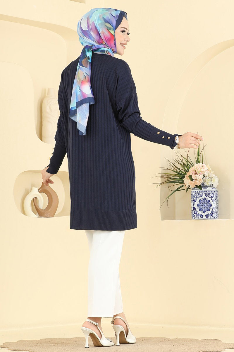Mercerised Tunic with Buttoned Sleeves - Navy